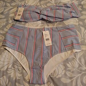 Vineyard Vines womens bimini blue seersucker Nichols stripe bikini set LRG NWT